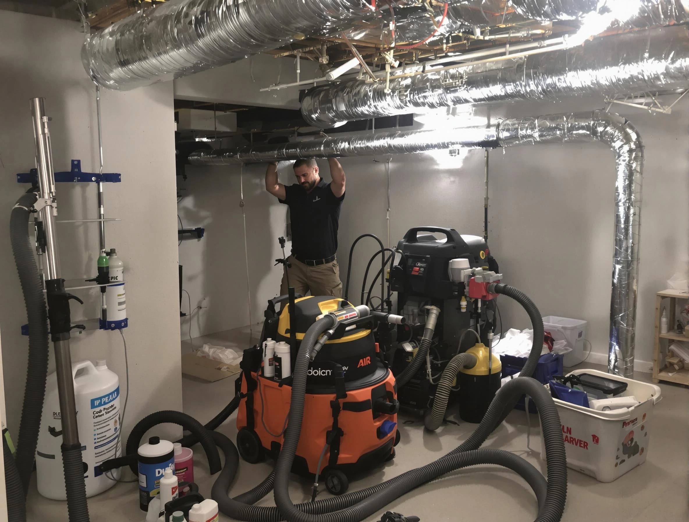 Peoria Air Duct Cleaning specialist performing professional mold removal from air ducts using safety equipment in Peoria