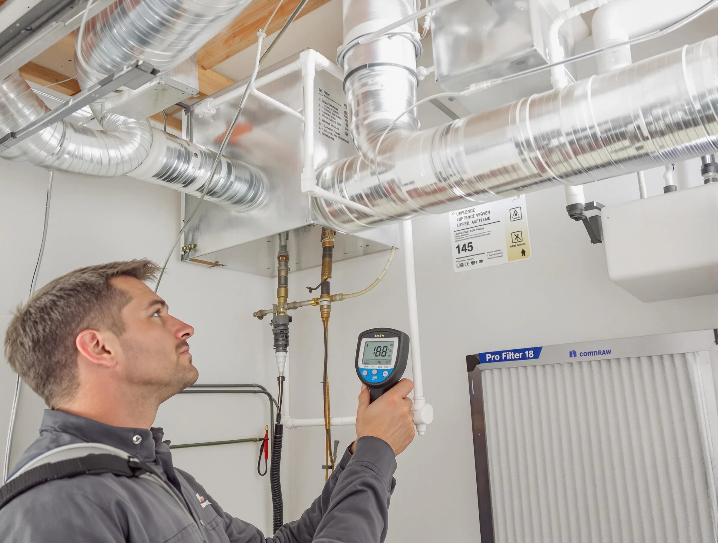 Peoria Air Duct Cleaning expert conducting detailed filter system inspection using diagnostic tools in Peoria